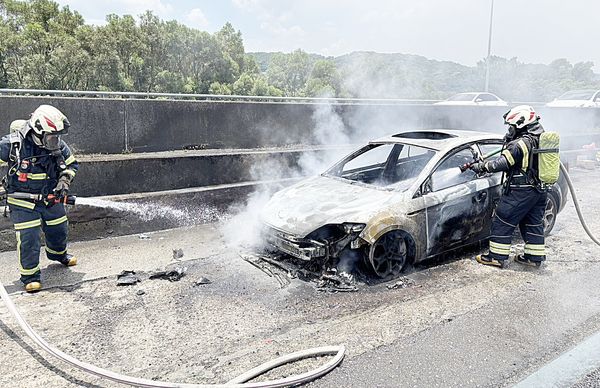 ▲國一北上桃園段今天上午11時38分一輛自小客車停靠避車彎後突然起火燃燒，桃園市消防局龜山分隊消防人員灌救滅火。（圖／國道一隊提供）