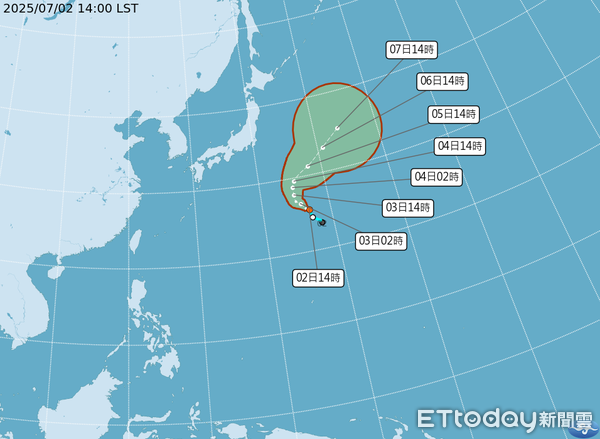 ▲日本南方海面的熱帶性低氣壓TD05最快今晚增強為第3號颱風「木恩」。（圖／氣象署）
