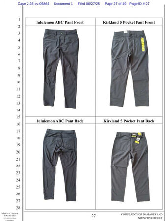 Lululemon售價130美元的ABC褲，在好市多以20美元的低廉出售。（圖／翻攝自Lululemon訴狀）