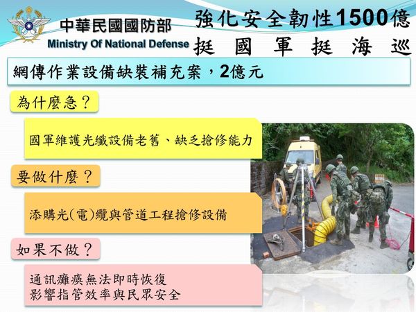 ▲▼國防部說明1500億強化安全靭性專案必要性，並對外說明錢用在哪裡和急迫性。（圖／行政院提供）