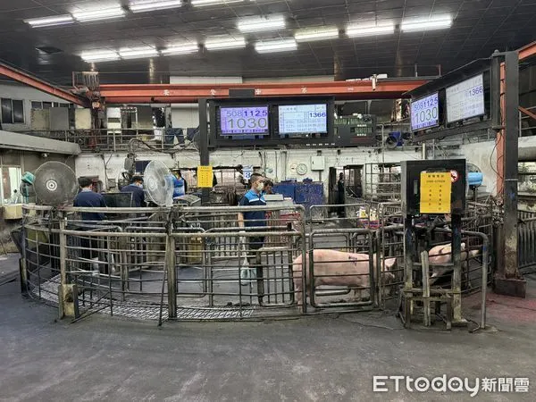 ▲雲林肉品市場員工盯著當日交易看板，驚見每公斤106.4元「破天價」。（圖／記者游瓊華翻攝）