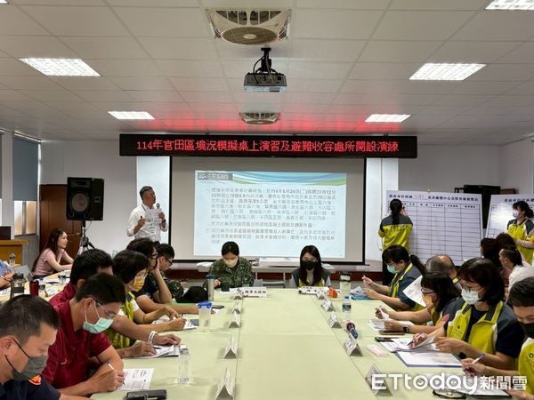 ▲台南市政府辦理災害避難收容演練，模擬地震後多區同時啟動收容處所情境。（記者林東良翻攝，下同）