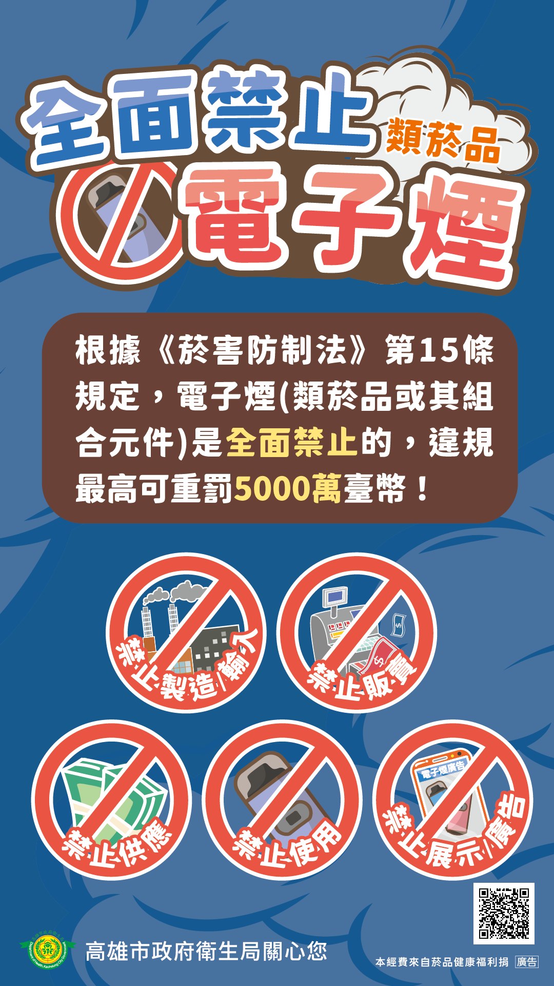 ▲製造或輸入電子菸，最高可罰5000萬罰鍰。（圖／高雄市衛生局提供）