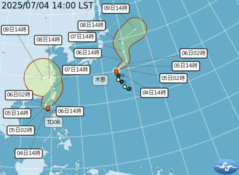▲▼木恩颱風及熱帶性低氣壓TD06預測路徑。（圖／氣象署）