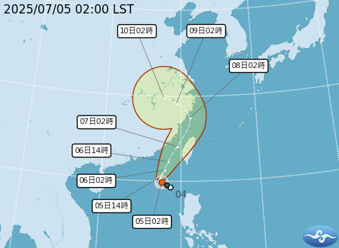 ▲▼輕度颱風丹娜絲7/5 2:00位置。