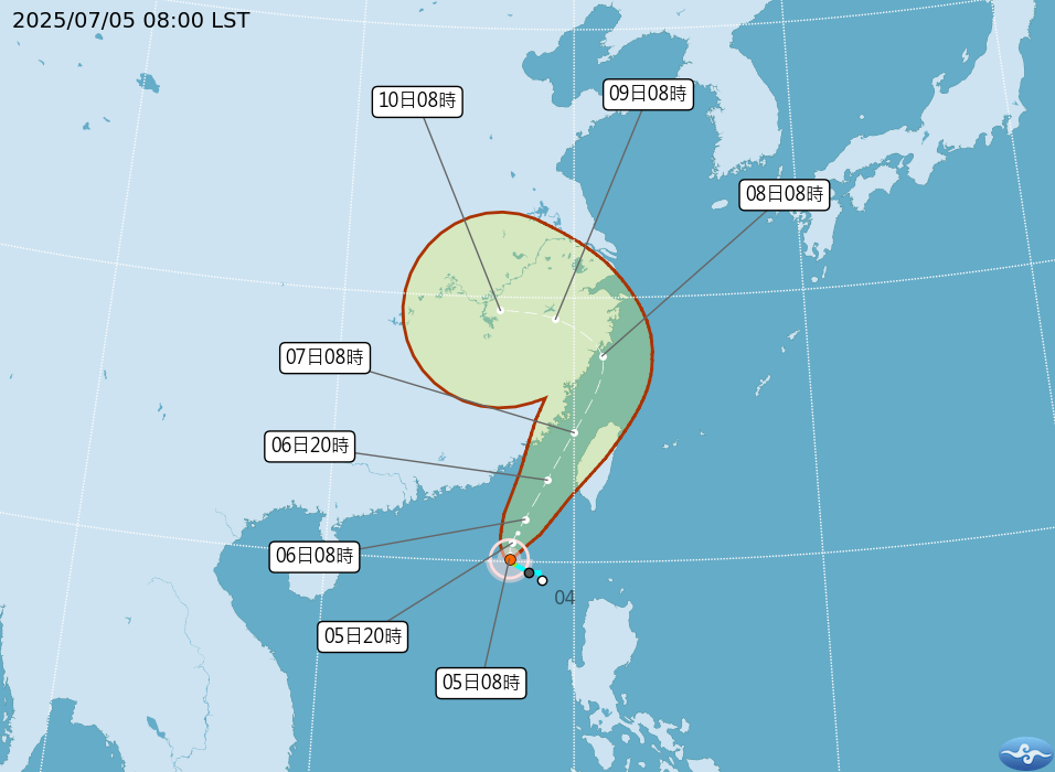 ▲▼丹娜絲上午8時的位置。（圖／氣象署提供）