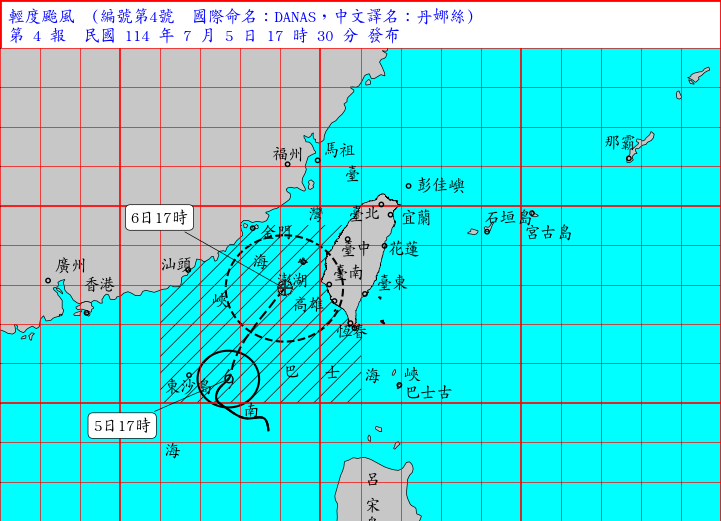 ▲▼丹娜絲下午5時最新位置。（圖／氣象署提供） 