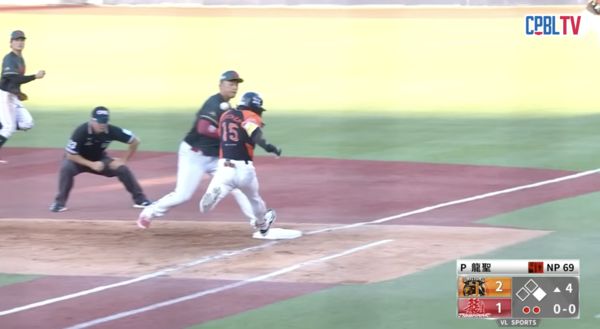 ▲陳聖平跑壘判定妨礙守備。（圖／截自CPBL TV）
