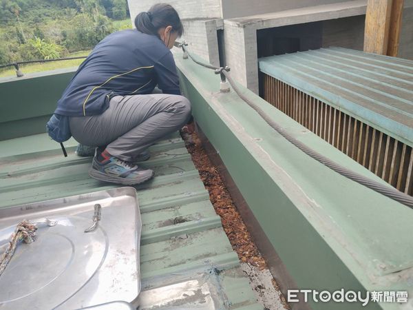 ▲台南市山上花園水道博物館防颱總動員，人氣公仔「巷仔Niau」預警「消氣下班」，避免遭強風吹襲。（記者林東良翻攝，下同）