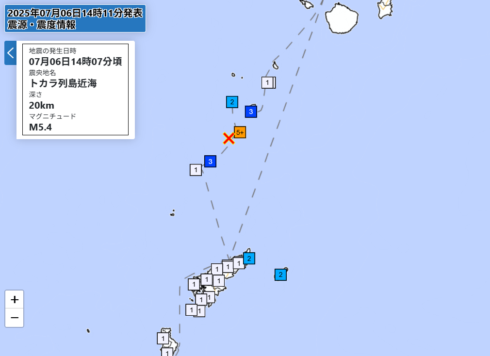 ▲▼ 吐噶喇群島6分鐘2度狂搖　氣象廳：可能還有「震度6弱」地震。（圖／日本氣象廳）