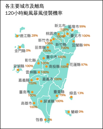 ▲▼暴風圈侵襲機率、丹娜絲最新路徑預測曝。（圖／中央氣象署）