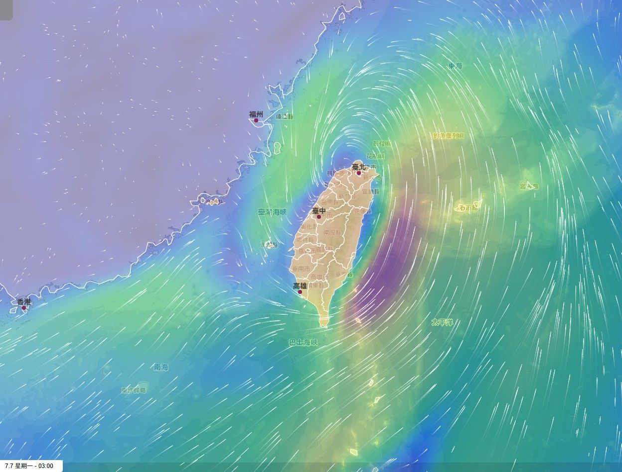 ▲▼丹娜絲7/7凌晨3:00風場預報。（圖／氣象署）