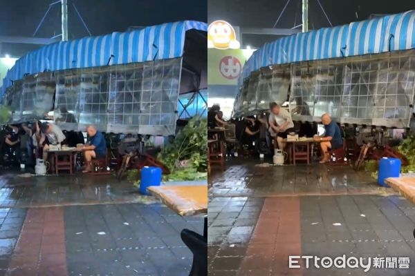 ▲▼台南狂風大作，小吃店的遮雨棚被吹起，顧客舉手扛著。（圖／Threads網友ding19940614授權提供，請勿隨意翻拍以免侵權）