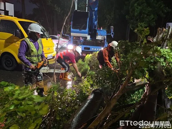 ▲台南市工務局人員風雨後清理倒塌路樹，全力恢復市容安全。（記者林東良翻攝，下同）