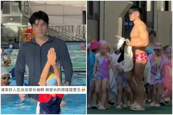 杭州一間游泳池的游泳教練，因外表帥氣、身材健壯，讓大票媽媽紛紛跟老公搶著送孩子去上課。（翻攝自微博）