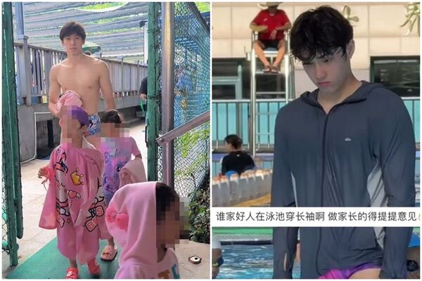 杭州一間游泳池的游泳教練，因外表帥氣、身材健壯，讓大票媽媽紛紛跟老公搶著送孩子去上課。（翻攝自微博）
