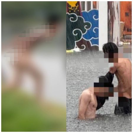 ▲彰化員林及鹿港淹水，男子跳水游泳。（圖／民眾提供）