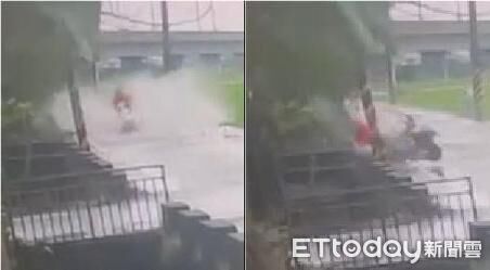 ▲黃婦行經積水處時失控打滑，自撞電線桿墜落水溝。（圖／民眾提供）