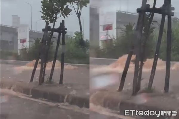 ▲大雷雨炸台中！人行道「狂湧黃泥水」變小河　他喊：該放假的。（圖／b7710182授權引用）