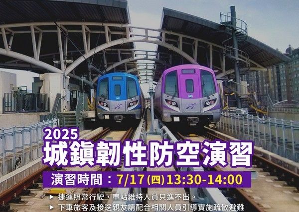 ▲城鎮韌性防空演習機捷7/17正常營運車站只進不出 