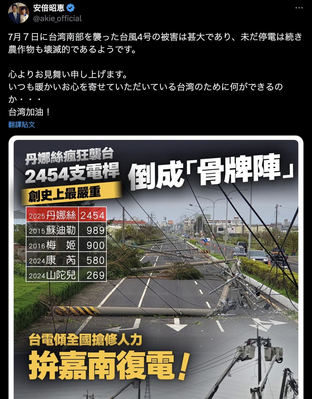 ▲▼丹娜絲颱風重創中南部，日本前首相安倍晉三遺孀安倍昭惠在X上發文聲援台灣，表達慰問之意。（圖／取自安倍昭惠X）