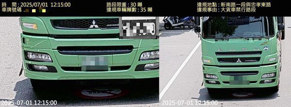 ▲桃園市蘆竹區新南路一段（南華一街起至南崁路）為市府交通局公告禁止30頓以上車輛行駛，圖為違規駛入大型車輛遭致單告發案例。（圖／蘆竹警方提供）