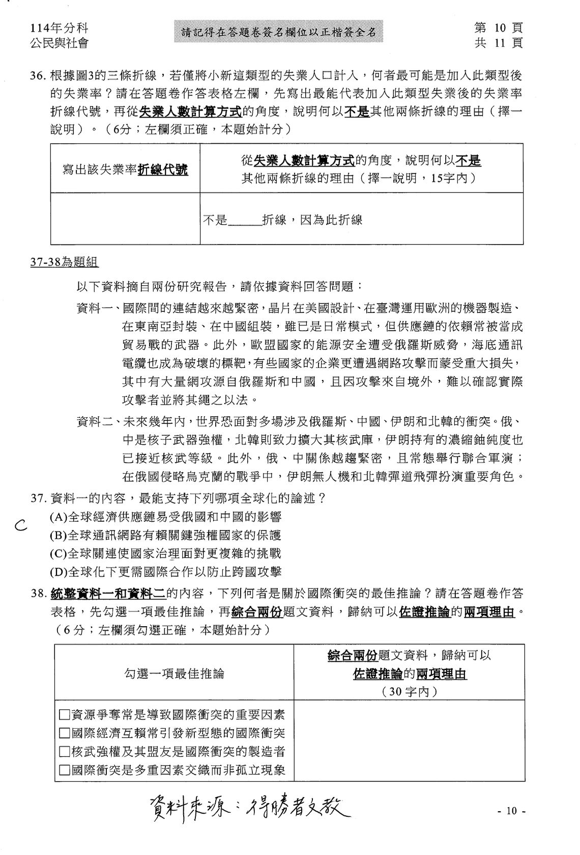 ▲▼大學分科測驗「公民」參考解答公布。（圖／得勝者文教提供）