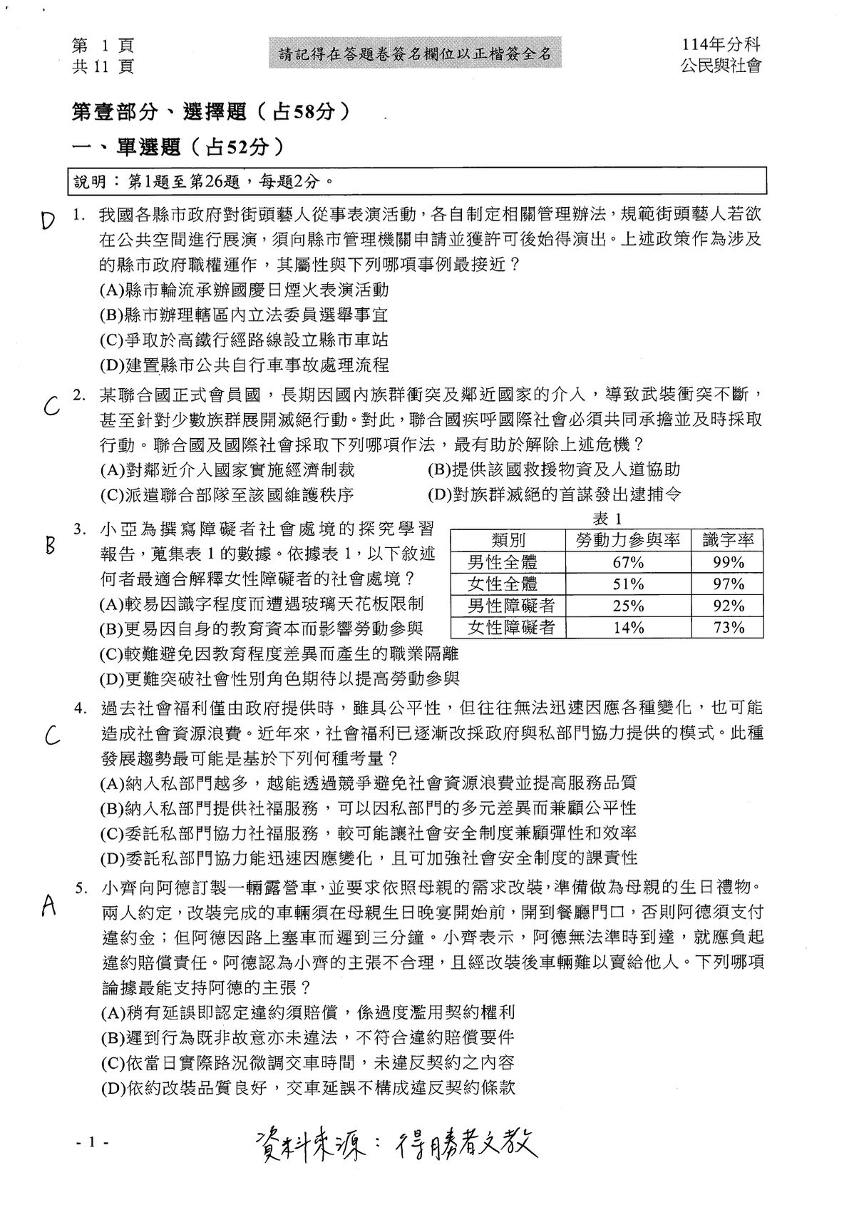 ▲▼大學分科測驗「公民」參考解答公布。（圖／得勝者文教提供）