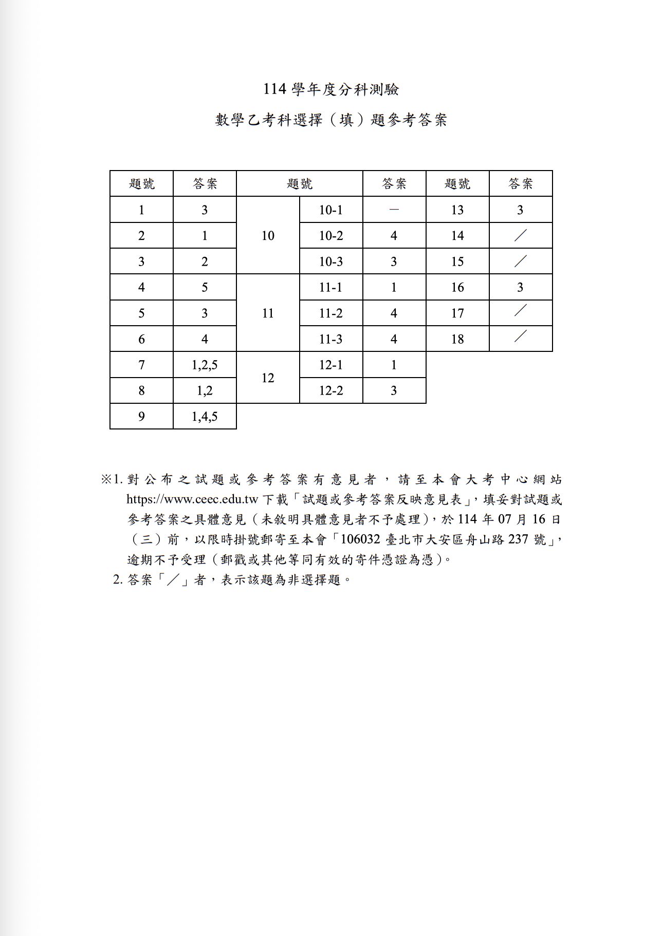 ▲▼分科測驗數乙解答。（圖／大考中心提供）