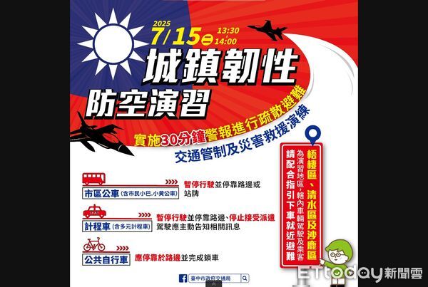 ▲中部地區7/15進行防空演習，包括梧棲、清水、沙鹿等3地區進行特殊演習。（圖／台中市交通局提供）