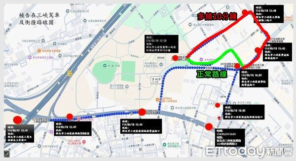 ▲▼            三峽男子余文正開車暴衝釀4死11傷，檢方公布軌跡圖。（圖／記者陳以昇翻攝，下同）