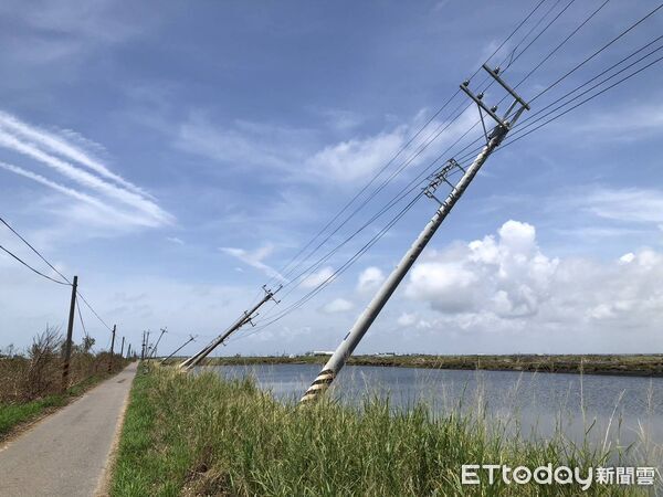 ▲台電工程人員在七股魚塭區立桿搶修，力拚今日全面復電。（記者林東良翻攝，下同）