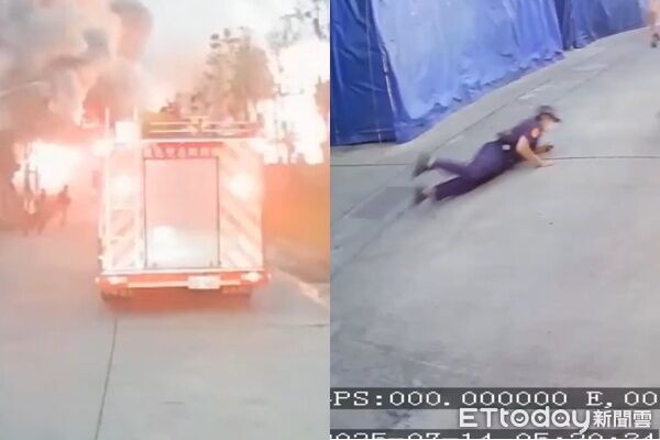 驚悚瞬間曝！高雄電池廠爆炸「火焰衝破大門」　警消逃命他慘摔