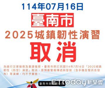 台南取消7/16防空演習! 因應丹娜絲風災後重建高屏仍照常