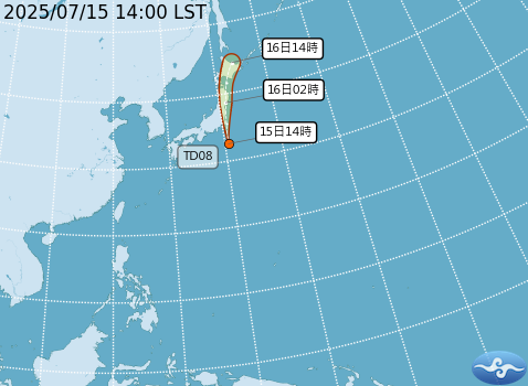 ▲▼今天下午2時日本東南風海面又有一熱帶系統形成的熱帶性低氣壓TD08。（圖／氣象署）