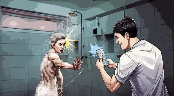 建中橄欖球隊一名學生在校洗澡時，被同學用手機偷拍，並上傳球隊群組。（AI繪圖Adobe Firefly生成，本刊美術組後製）