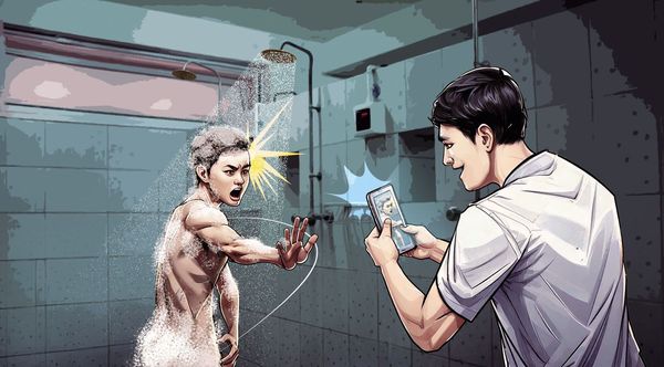 建中橄欖球隊一名學生在校洗澡時，被同學用手機偷拍，並上傳球隊群組。（AI繪圖Adobe Firefly生成，本刊美術組後製）