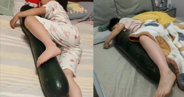 網瘋傳「抱冬瓜睡覺消暑」。（圖／微博）　