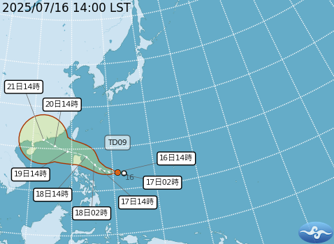 ▲▼熱帶性低氣壓TD09路徑。（圖／氣象署）