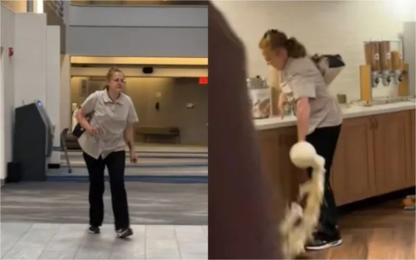 一名飯店女員工下班時疑似和經理發生爭執後，被告知被開除了，當場情緒失控砸爛早餐吧。（翻攝自TikTok）