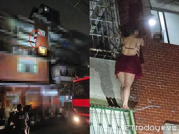 ▲▼越南籍陳女與男友爭吵後激動爬4樓窗台，警消出動雲梯車將陳女救下             。（圖／記者陳以昇翻攝）