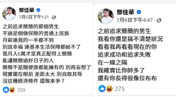 鄧佳華不時發文嗆聲簡簡過去的追求者，還說對方長得像拉布布。（翻攝自鄧佳華臉書）