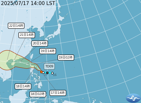 ▲▼熱帶性低氣壓TD09預計今晚形成薇帕颱風。（圖／氣象署）