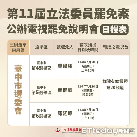 ▲台中市選委會公布公辦電視罷免說明會時間表。（圖／台中市選委會提供）