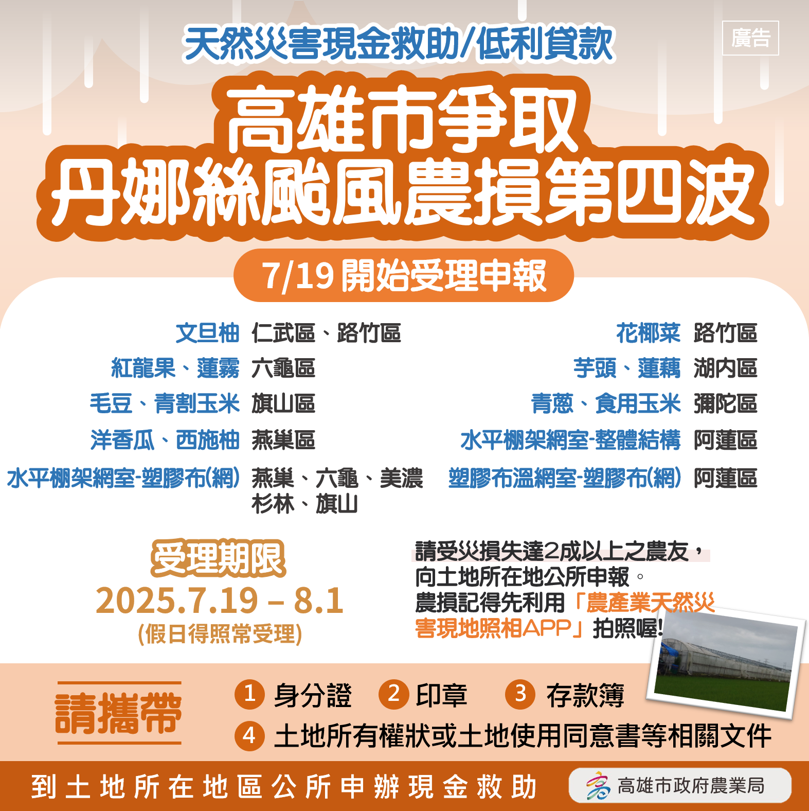 ▲▼高雄丹娜絲颱風農損破1.1億！爭取第4波現金救助　15品項出爐。（圖／記者賴文萱翻攝）