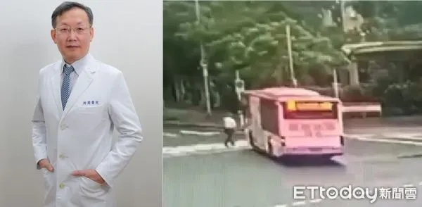▲乳房外科主任周佳正（左圖／翻攝自衛生福利部桃園醫院）過馬路時遭公車碰撞捲入車底，送醫急救仍不治，監視器畫面曝光。（右圖／記者邱中岳翻攝）