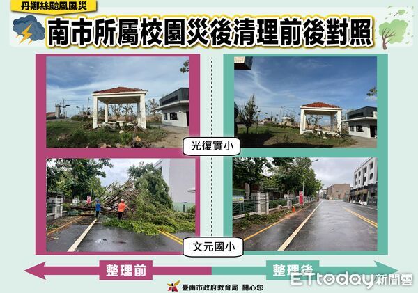 ▲台南市教育局與各校總動員進行災後清理作業，竹埔國小校舍損壞嚴重，現場仍持續修復中。（記者林東良翻攝，下同）