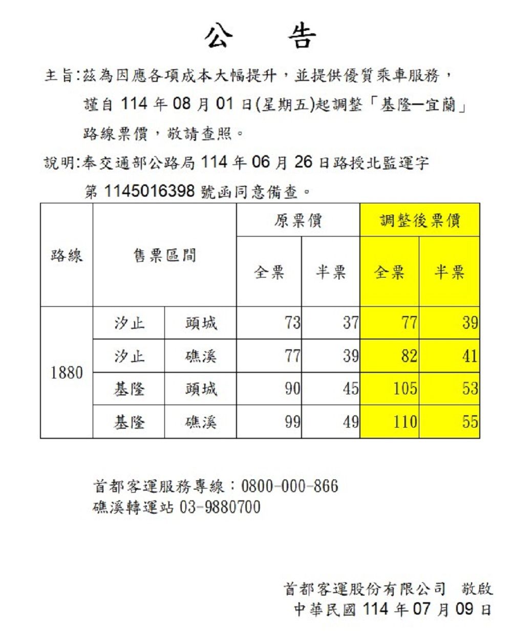 ▲▼首都客運及國光客運聯營的1880「基隆-宜蘭」路線8月1日起調漲票價。（圖／首都客運提供）