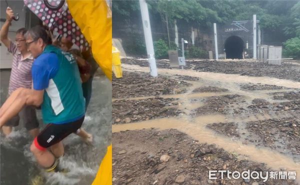 ▲台東爆雨淹水（右圖／翻攝自Facebook／台東臉書災害通報），眾人合力將阿嬤抬上長照接駁車，順利前往醫院。（左圖／豐榮里里長施晧軒提供）