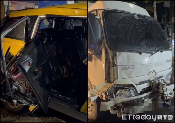▲▼新莊凌晨車禍，灑水車撞計程車。（圖／記者陳以昇翻攝）